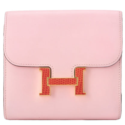 HERMES コンスタンス コンパクト ウォレット スイフト x リザード ローズサクラ ゴールド金具 中古