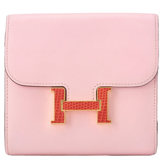 HERMES Constance Compact Bi-fold Wallet Swift x Lizard Rose Sakura Gold-Tone Hardware, Pre-Owned