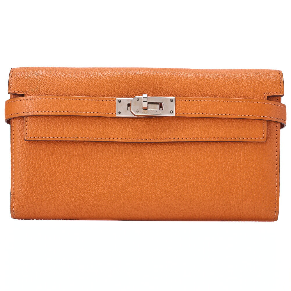 HERMES ケリーウォレット 3つ折り長財布 シェーブル オレンジ シルバー金具 中古