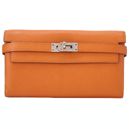 HERMES ケリーウォレット 3つ折り長財布 シェーブル オレンジ シルバー金具 中古