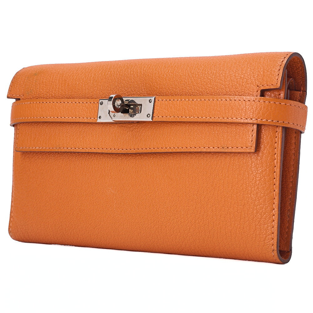 HERMES ケリーウォレット 3つ折り長財布 シェーブル オレンジ シルバー金具 中古