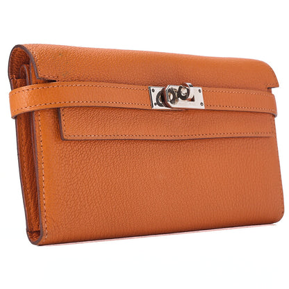 HERMES ケリーウォレット 3つ折り長財布 シェーブル オレンジ シルバー金具 中古