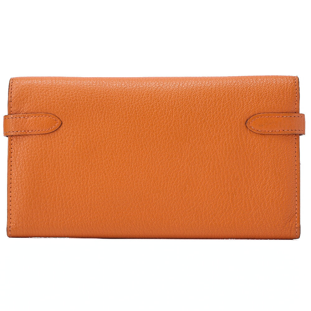 HERMES ケリーウォレット 3つ折り長財布 シェーブル オレンジ シルバー金具 中古