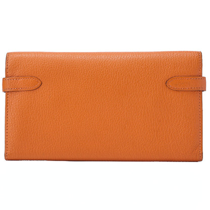 HERMES ケリーウォレット 3つ折り長財布 シェーブル オレンジ シルバー金具 中古