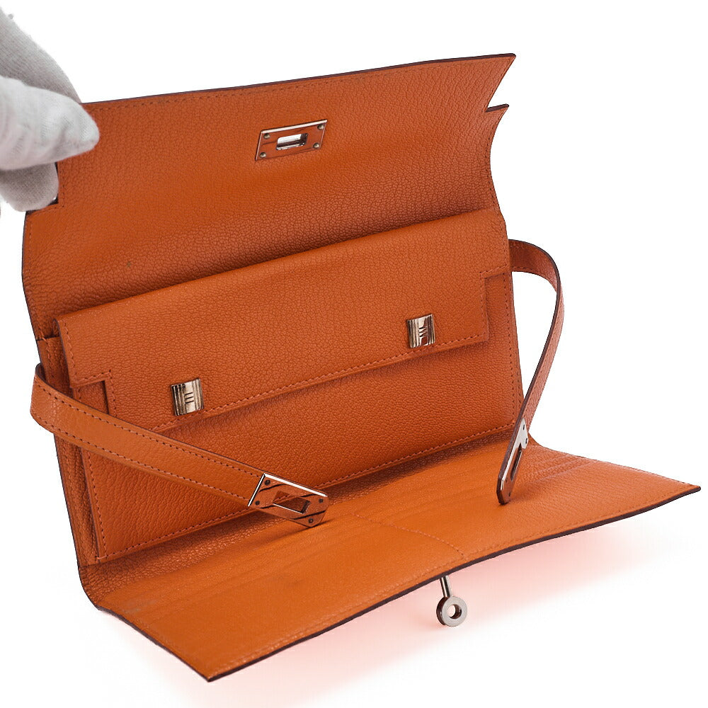 HERMES ケリーウォレット 3つ折り長財布 シェーブル オレンジ シルバー金具 中古
