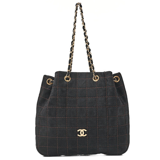 CHANEL Chocolate Bar Wild Stitch Drawstring Suede Black Gold-Tone Hardware, Pre-Owned
