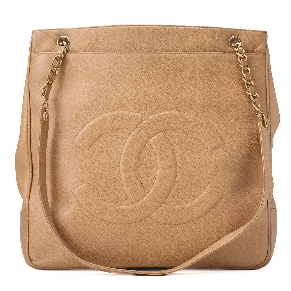 CHANEL デカココマーク ダブルチェーンショルダー キャビアスキン ベージュ ゴールド金具 中古品