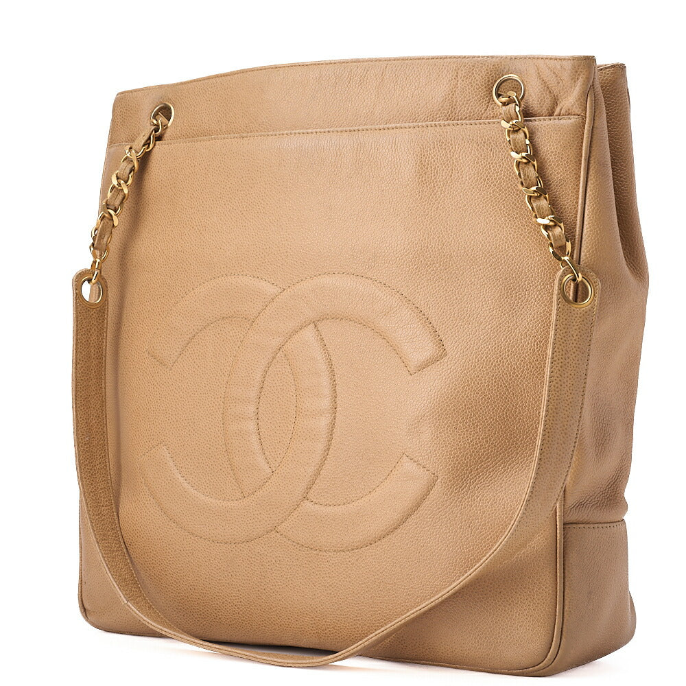 CHANEL デカココマーク ダブルチェーンショルダー キャビアスキン ベージュ ゴールド金具 中古品