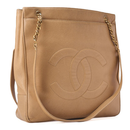 CHANEL デカココマーク ダブルチェーンショルダー キャビアスキン ベージュ ゴールド金具 中古品