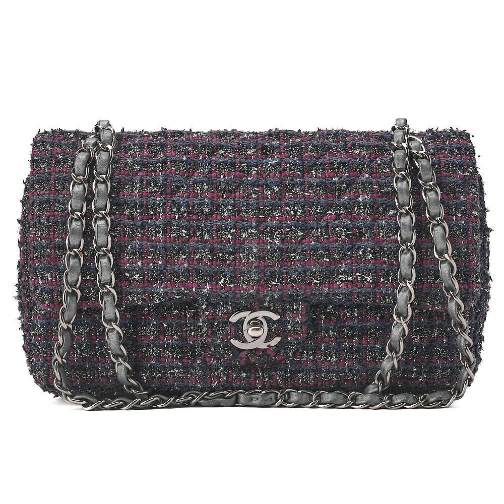 CHANEL マトラッセ ツイード ダブルフラップ 25cm チェーンショルダー パープル x シルバー金具 中古品