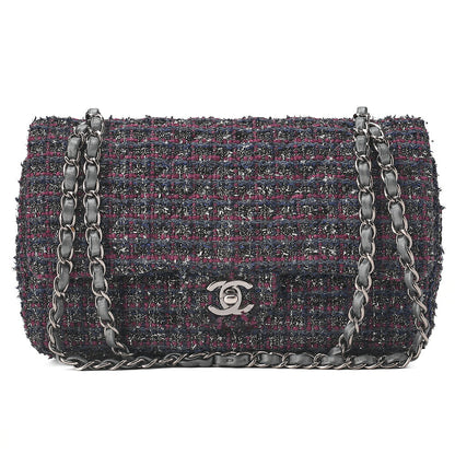 CHANEL マトラッセ ツイード ダブルフラップ 25cm チェーンショルダー パープル x シルバー金具 中古品