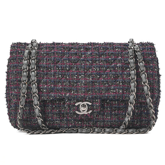 CHANEL Matelasse Tweed Double Flap 25cm Chain Shoulder Purple x Silver Silve-Tone Hardware, Pre-Owned