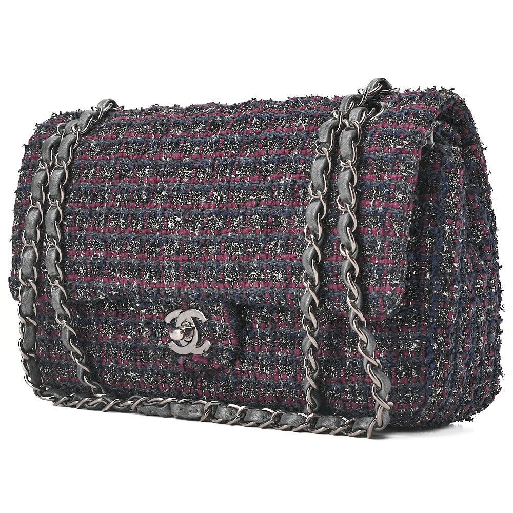 CHANEL マトラッセ ツイード ダブルフラップ 25cm チェーンショルダー パープル x シルバー金具 中古品