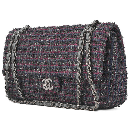 CHANEL マトラッセ ツイード ダブルフラップ 25cm チェーンショルダー パープル x シルバー金具 中古品