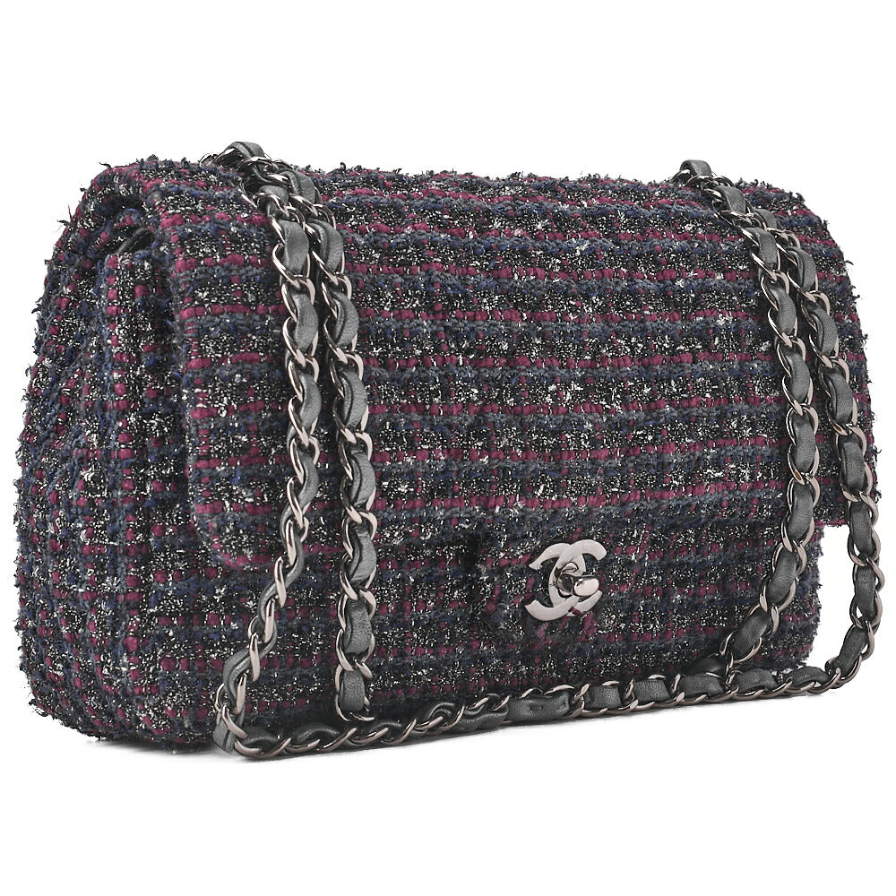CHANEL マトラッセ ツイード ダブルフラップ 25cm チェーンショルダー パープル x シルバー金具 中古品