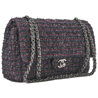 CHANEL マトラッセ ツイード ダブルフラップ 25cm チェーンショルダー パープル x シルバー金具 中古品