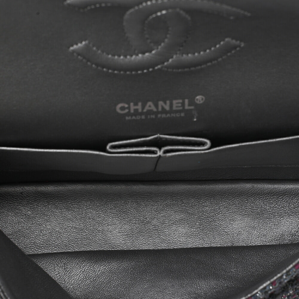 CHANEL マトラッセ ツイード ダブルフラップ 25cm チェーンショルダー パープル x シルバー金具 中古品