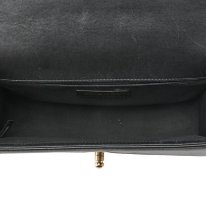 シャネル ツイード×ラムスキン ボーイシャネル 編み込みチェーン ショルダーバッグ 黒 ゴールド金具 中古
