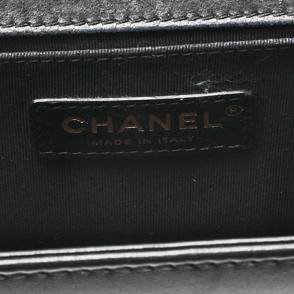 シャネル ツイード×ラムスキン ボーイシャネル 編み込みチェーン ショルダーバッグ 黒 ゴールド金具 中古
