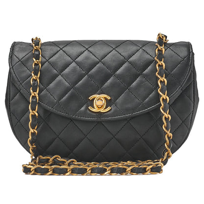 CHANEL Matelasse Round Flap Half Moon Chain Shoulder Bag Lambskin Black Gold-Tone Hardware, Pre-Owned