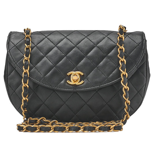 CHANEL Matelasse Round Flap Half Moon Chain Shoulder Bag Lambskin Black Gold-Tone Hardware, Pre-Owned