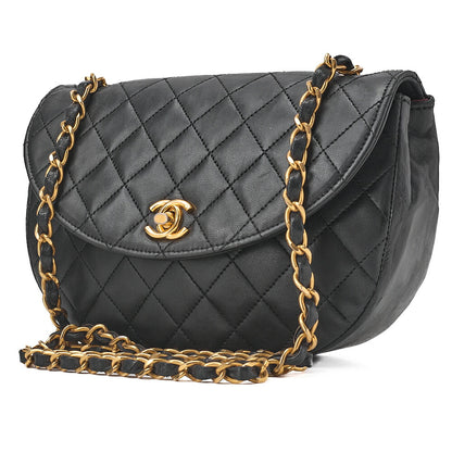 CHANEL Matelasse Round Flap Half Moon Chain Shoulder Bag Lambskin Black Gold-Tone Hardware, Pre-Owned