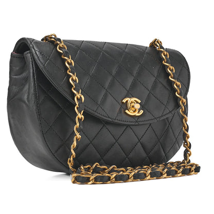 CHANEL Matelasse Round Flap Half Moon Chain Shoulder Bag Lambskin Black Gold-Tone Hardware, Pre-Owned