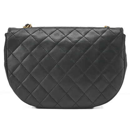 CHANEL Matelasse Round Flap Half Moon Chain Shoulder Bag Lambskin Black Gold-Tone Hardware, Pre-Owned
