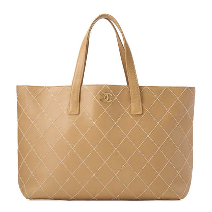 CHANEL ココマーク ワイルドステッチ トートバッグ カーフレザー ベージュ ゴールド金具 中古
