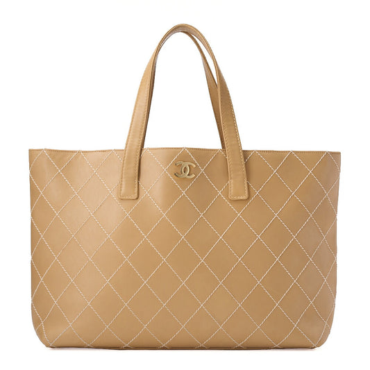 CHANEL Coco Mark Wild Stitch Tote Bag Calf Leather Beige Gold-Tone Hardware, Pre-Owned