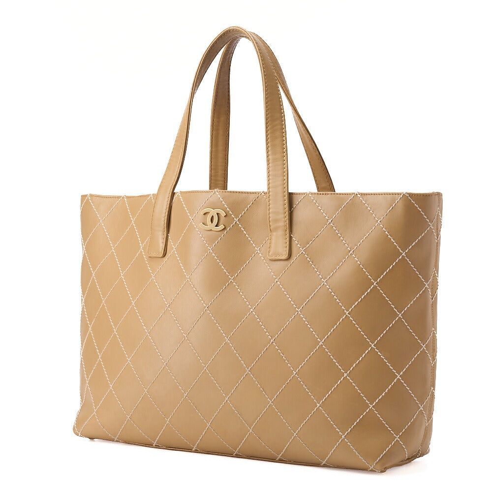 CHANEL ココマーク ワイルドステッチ トートバッグ カーフレザー ベージュ ゴールド金具 中古