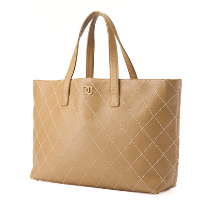 CHANEL ココマーク ワイルドステッチ トートバッグ カーフレザー ベージュ ゴールド金具 中古