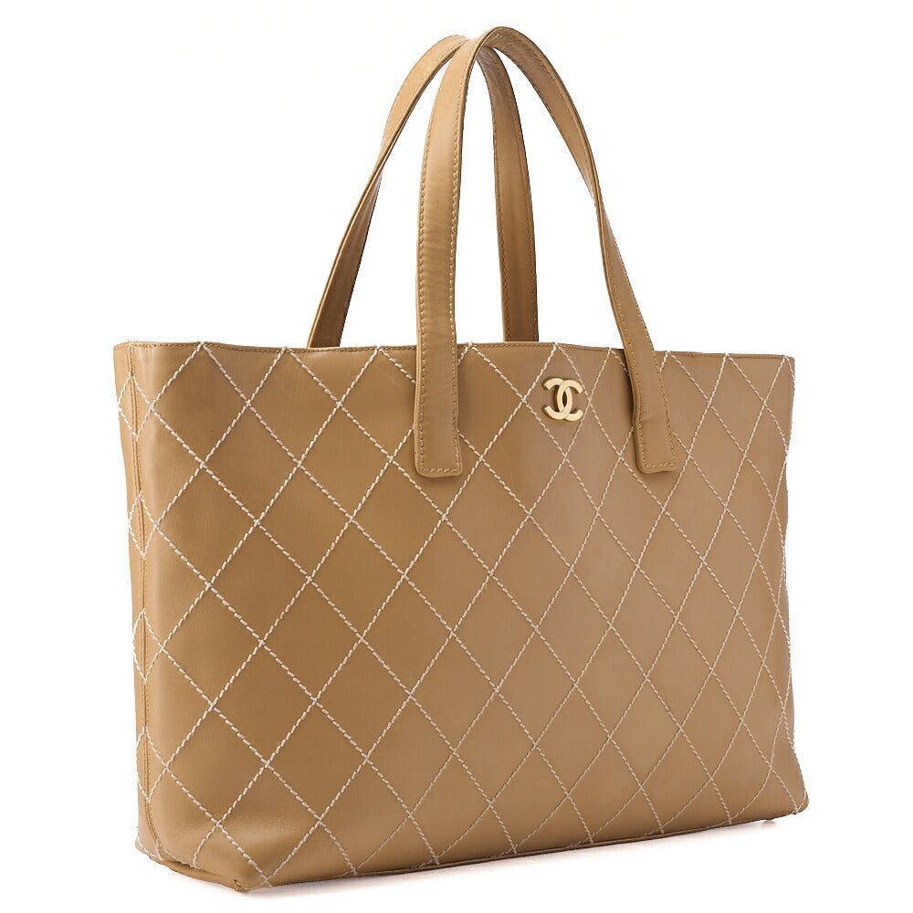 CHANEL ココマーク ワイルドステッチ トートバッグ カーフレザー ベージュ ゴールド金具 中古