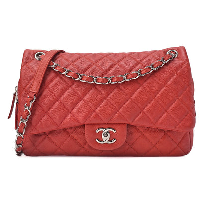 CHANEL Chain Shoulder Bag Deca Matelasse Single Flap Caviar Skin Red Silver-Tone Hardware, Pre-Owned