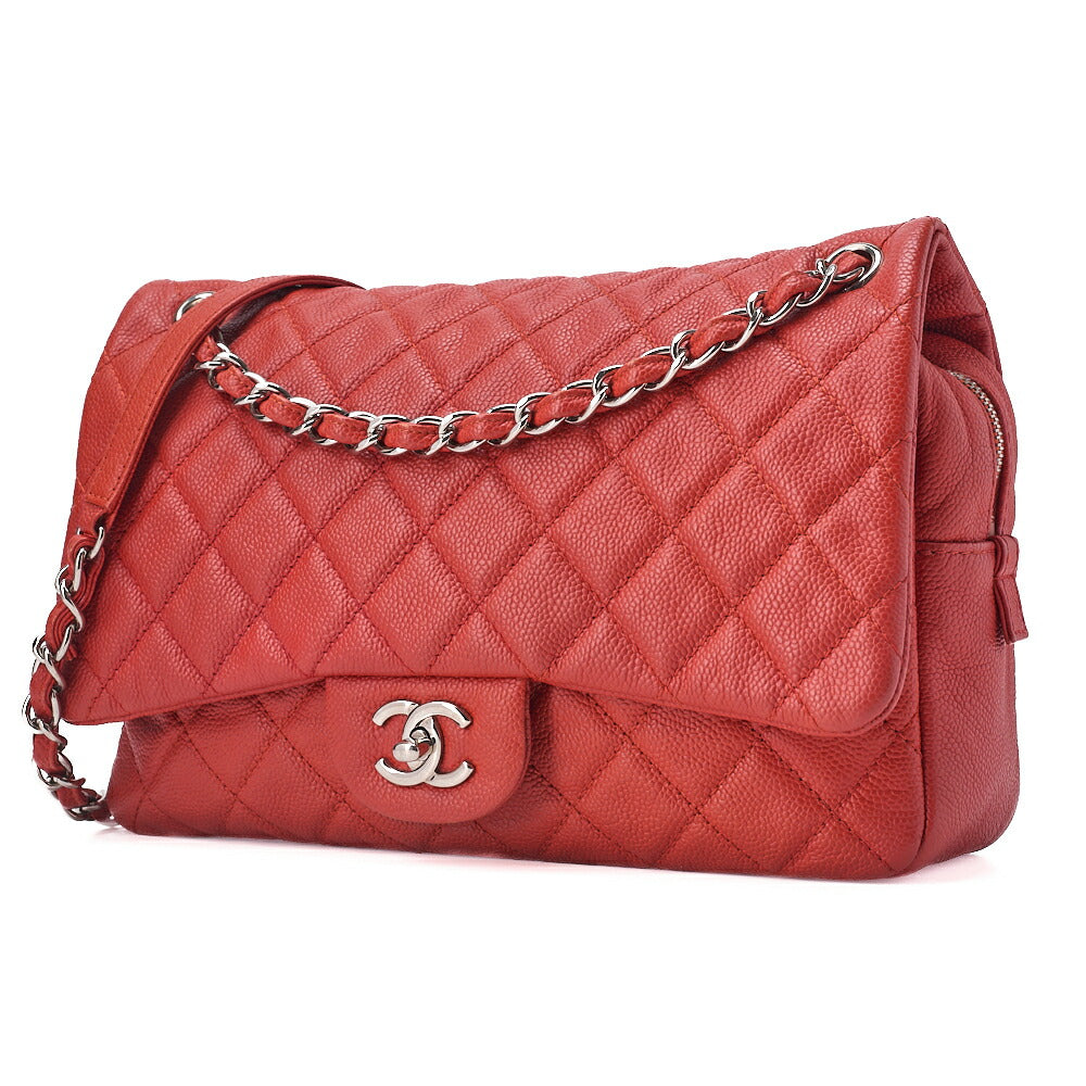 CHANEL Chain Shoulder Bag Deca Matelasse Single Flap Caviar Skin Red Silver-Tone Hardware, Pre-Owned