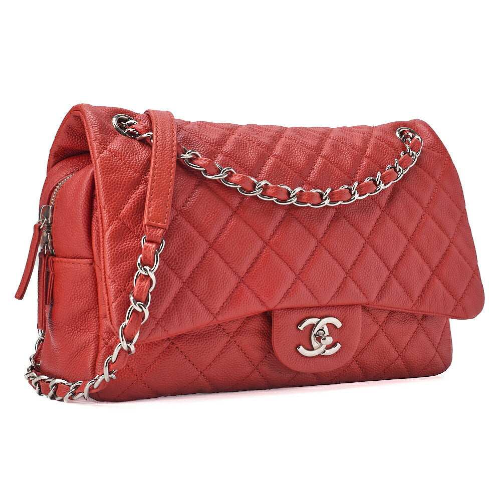 CHANEL Chain Shoulder Bag Deca Matelasse Single Flap Caviar Skin Red Silver-Tone Hardware, Pre-Owned