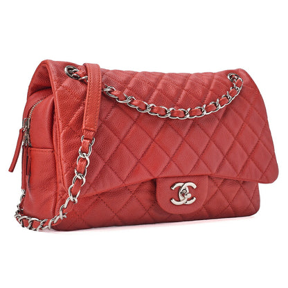 CHANEL Chain Shoulder Bag Deca Matelasse Single Flap Caviar Skin Red Silver-Tone Hardware, Pre-Owned