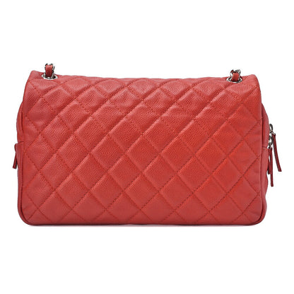 CHANEL Chain Shoulder Bag Deca Matelasse Single Flap Caviar Skin Red Silver-Tone Hardware, Pre-Owned