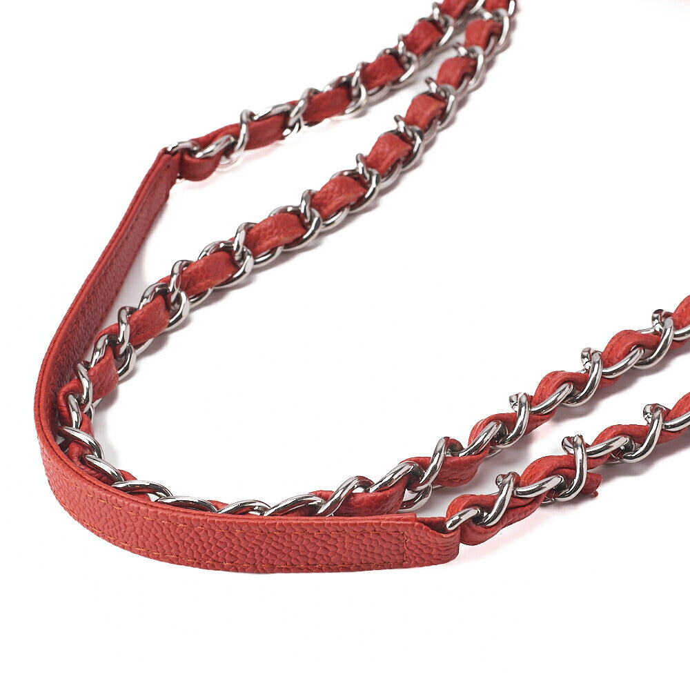 CHANEL Chain Shoulder Bag Deca Matelasse Single Flap Caviar Skin Red Silver-Tone Hardware, Pre-Owned