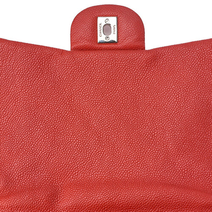 CHANEL Chain Shoulder Bag Deca Matelasse Single Flap Caviar Skin Red Silver-Tone Hardware, Pre-Owned