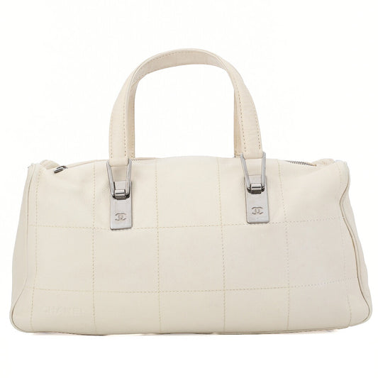 CHANEL Handbag Chocolate Bar Coco Mark Caviar Skin White Silver-Tone Hardware, Pre-Owned