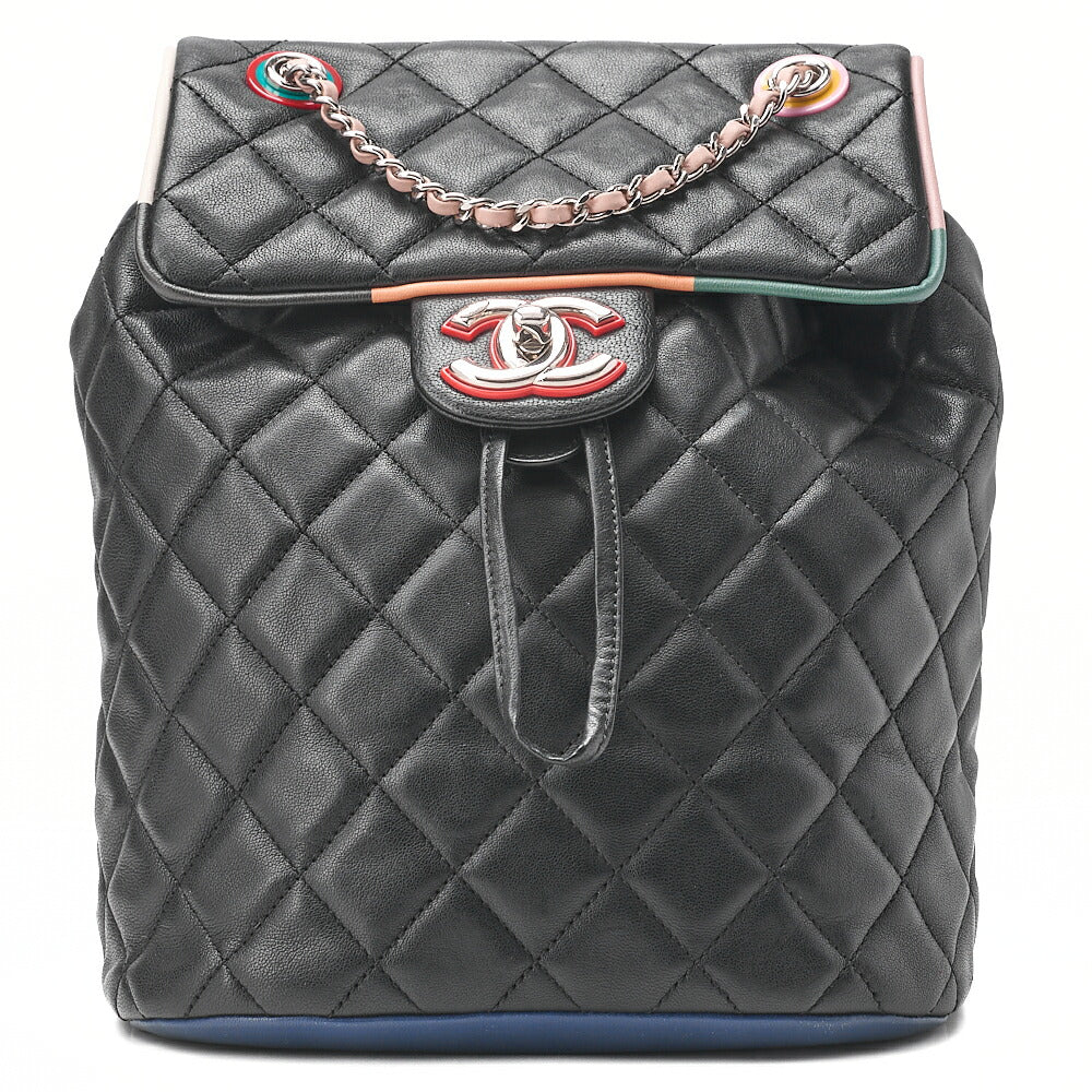 CHANEL Lambskin MatelasseTurnlock Chain Backpack Black X Multicolor Silver-Tone Hardware, Pre-Owned