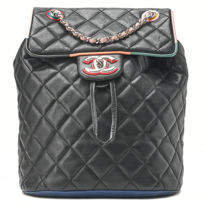 CHANEL Lambskin MatelasseTurnlock Chain Backpack Black X Multicolor Silver-Tone Hardware, Pre-Owned