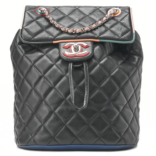 CHANEL Lambskin MatelasseTurnlock Chain Backpack Black X Multicolor Silver-Tone Hardware, Pre-Owned