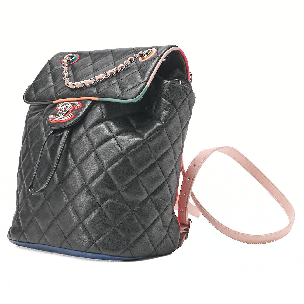 CHANEL Lambskin MatelasseTurnlock Chain Backpack Black X Multicolor Silver-Tone Hardware, Pre-Owned