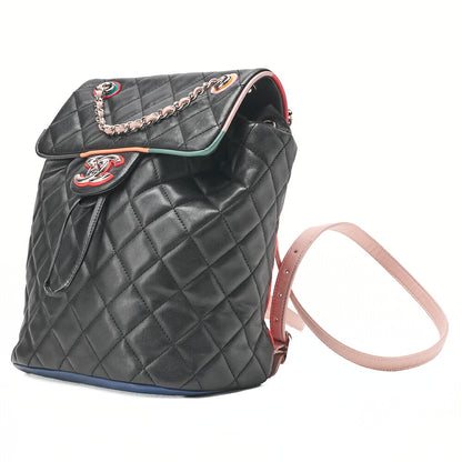 CHANEL Lambskin MatelasseTurnlock Chain Backpack Black X Multicolor Silver-Tone Hardware, Pre-Owned