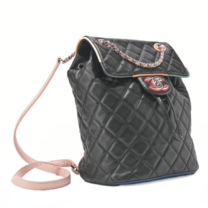 CHANEL Lambskin MatelasseTurnlock Chain Backpack Black X Multicolor Silver-Tone Hardware, Pre-Owned
