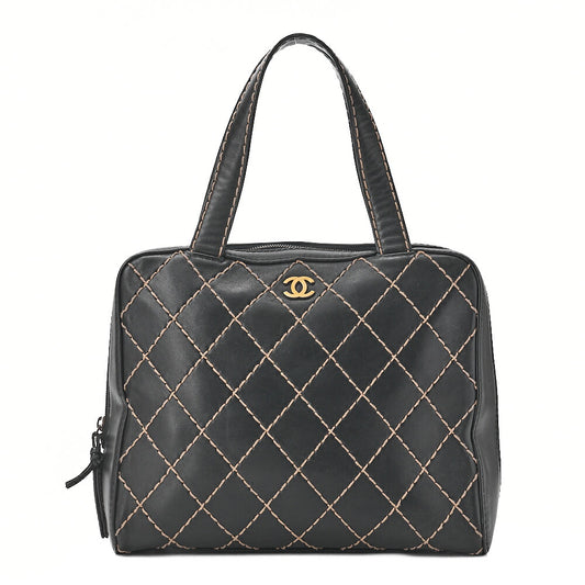 CHANEL Coco Mark Wild Stitch Handbag Calf Leather Black Gold-Tone Hardware, Pre-Owned