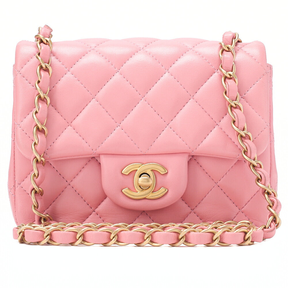 CHANEL Mini Matelasse 17cm Chain Shoulder Bag Lambskin Pink Gold-Tone Hardware, Pre-Owned