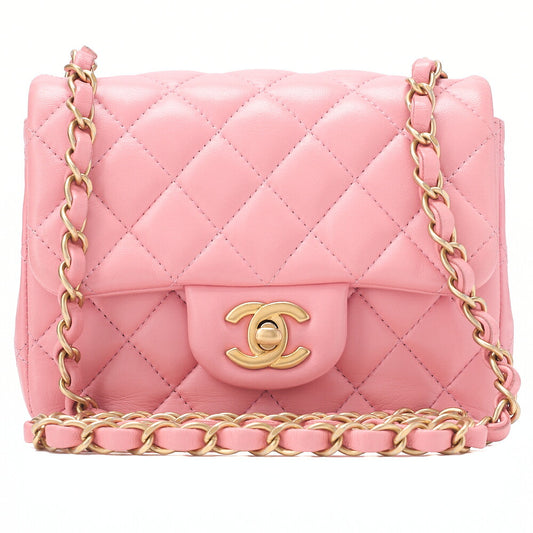 CHANEL Mini Matelasse 17cm Chain Shoulder Bag Lambskin Pink Gold-Tone Hardware, Pre-Owned